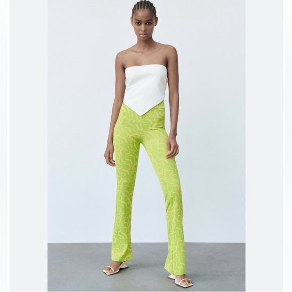 ZARA Green Yellow Flared Jacquard Pull On Pants - Picture 1 of 14